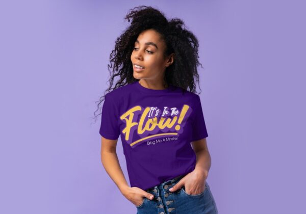 Women poses with purple It's in the Flow Tee
